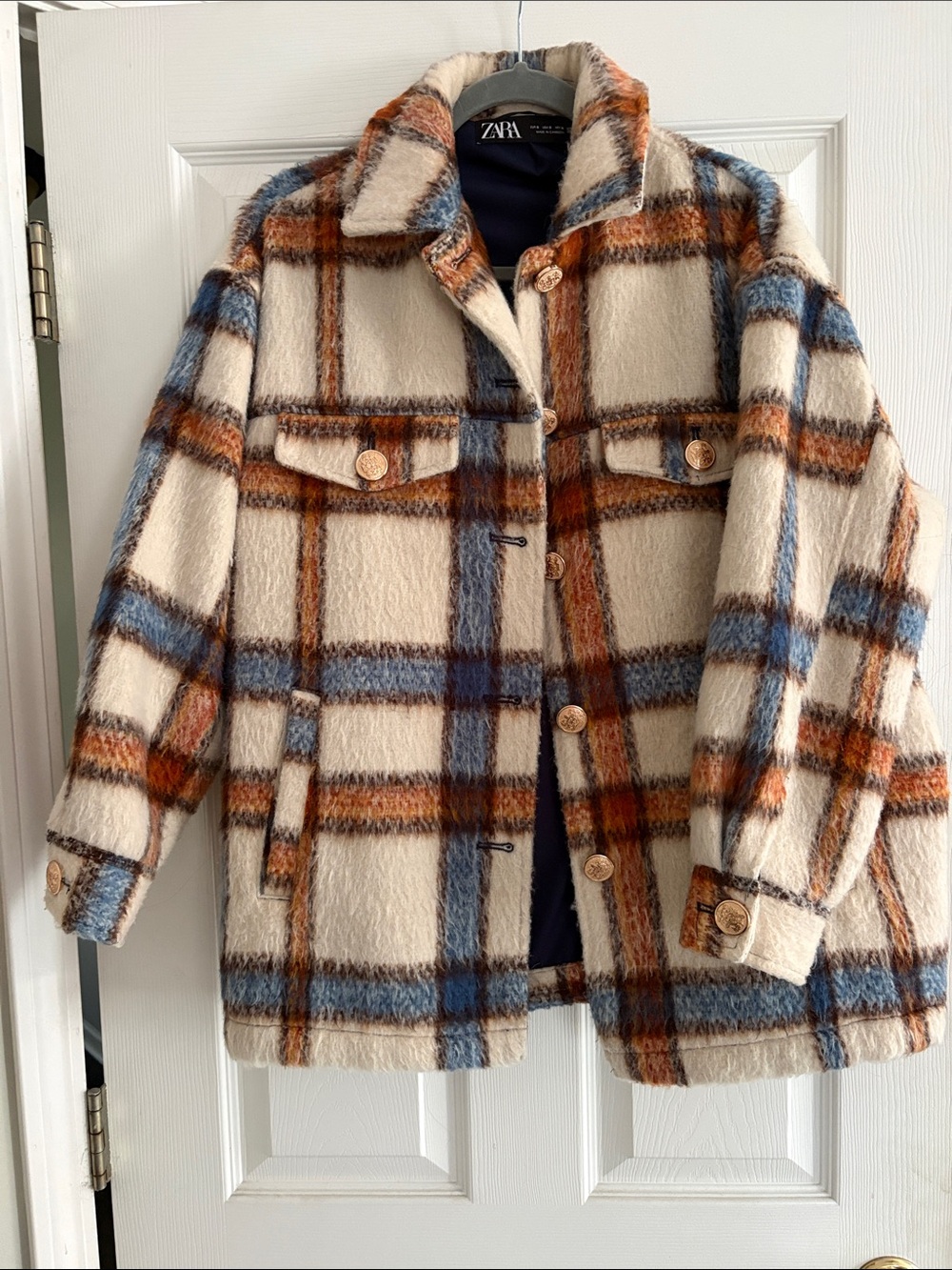 Zara Cream Plaid Jacket with Blue & Brown Checks